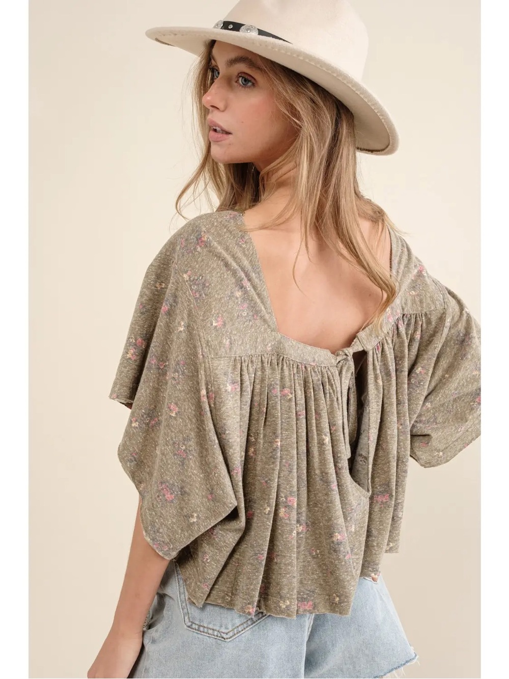 P-031 Blue B Women’s Olive Floral Tie-Back Peasant Top